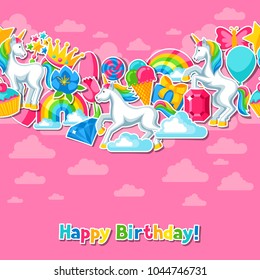 Seamless pattern with unicorns and fantasy items.