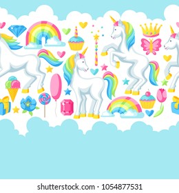 Seamless pattern with unicorns and fantasy items.