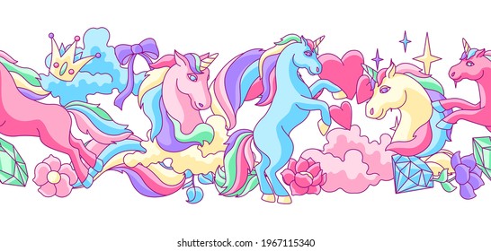 Seamless pattern with unicorns and fantasy items.