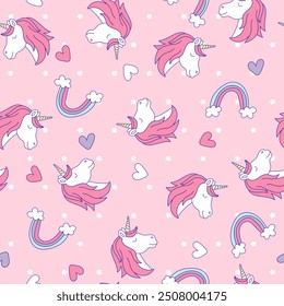 Seamless pattern with unicorns.  Fantasy print for kids clothing and fabric. Rainbow unicorns background. Girlish colorful print