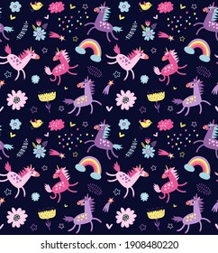 Seamless pattern with unicorns and flowers

