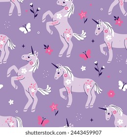 Seamless pattern with unicorns, flowers and butterflies in purple colors. Vector graphics.