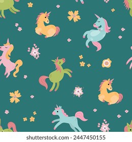 Seamless pattern with unicorns and flowers. Design for fabric, textiles, wallpaper, packaging.