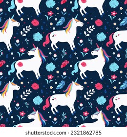 Seamless pattern with unicorns and flowers. Seamless vector with colorful fairy unicorns and flowers on blue background for fabric or package print