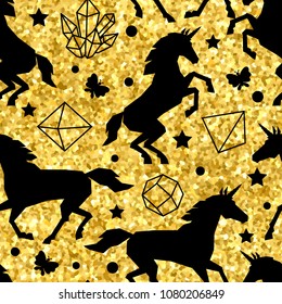 Seamless pattern with unicorns and gold glitter texture.