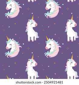 Seamless pattern with unicorns, gold horn. Purple backgrounds, pastel colors. Unicorn wallpaper.