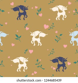 Seamless pattern of unicorns and green twigs and pink hearts on a golden beige background. Flat vector graphics for design.