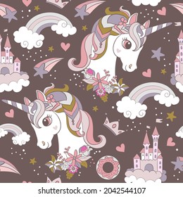 Seamless pattern with unicorns heads, clouds, rainbow and stars. Magic background with unicorns. Vector illustration in trendy colors. For design, print, decor, wallpaper, linen, dishes, textile.