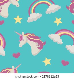 Seamless pattern with unicorns heads, stars and rainbows. Vector illustration. 