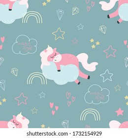 Seamless pattern with unicorns, hearts, diamonds, stars, clouds and rainbows on a pink background. Vector illustration for creating seamless patterns, printing on a postcard, fabric, or clothing.