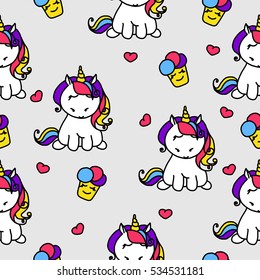 Seamless pattern with unicorns, hearts and ice cream. Baby background.