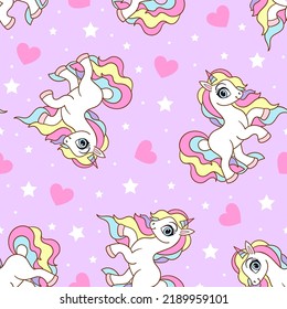 Patrón sin foco con unicornios y corazones en un fondo rosado. Para el diseño infantil de fondos, tapices, tela, papel de envoltura. Vecto