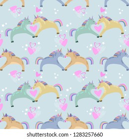 Seamless pattern with unicorns, hearts and stars