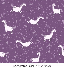 Seamless pattern with unicorns. Unicorns, hearts and stars, fabulous children's background. Vector illustration.
