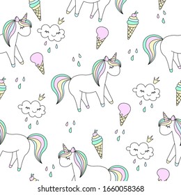 Seamless pattern with unicorns, ice cream stars, clouds and raindrops. Children's background.