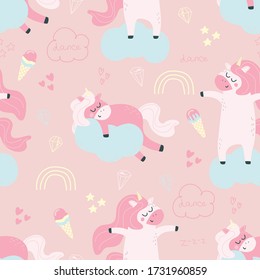 Seamless pattern with unicorns, ice cream, hearts, diamonds, stars, clouds and rainbows on a pink background. Vector illustration for creating seamless patterns, printing on a postcard, fabric