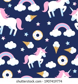 Seamless pattern of unicorns, ice cream, rainbow, donut and clouds. Childish background