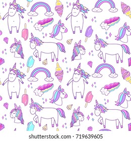 Seamless pattern with unicorns, icecream, eskimo, diamonds, rainbow, confetti and other elements. Vector background with stickers, pins, patches, web and print design.
