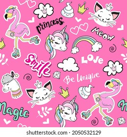 Seamless pattern with unicorns, llama, flamingos and kitten. Trend for children's clothing, T-shirts. Modern vector cartoon illustration