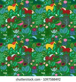 Seamless pattern with unicorns and magic animals and birds in a beautiful flowering garden with flowers and insects, pattern for fabrics and textiles