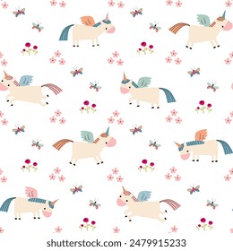 Seamless pattern with unicorns. Magic background with unicorns. Vector illustration in trendy colors. For design, print, decor, wallpaper, linen, dishes, textile.