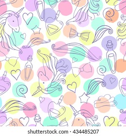 Seamless pattern with unicorns and magic items on a polka dot background.