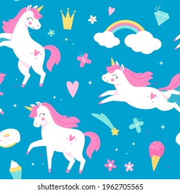 Seamless pattern unicorns. Magical horses, rainbow and ice cream on blue background, baby design with fabulous animals. Decor textile, wrapping paper wallpaper vector print or fabric