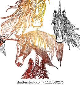 Seamless pattern with unicorns. Meditative coloring, patterns. Many details, antistress coloring. Mandala. Points, stripes.