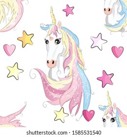Seamless pattern with unicorns, moon, flovers, clouds and stars. Baby background.