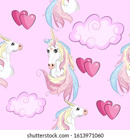 Seamless pattern with unicorns, moon, flovers, clouds and stars. Baby background.