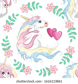 Seamless pattern with unicorns, moon, flovers, clouds and stars. Baby background.