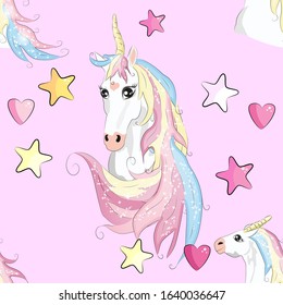 Seamless pattern with unicorns, moon, flovers, clouds and stars. Baby background.