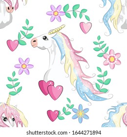 Seamless pattern with unicorns, moon, flovers, clouds and stars. Baby background.