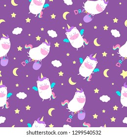 Seamless pattern with unicorns and night sky