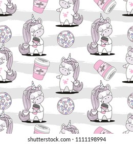 Seamless pattern with unicorns on a beautiful background. Vector illustration.