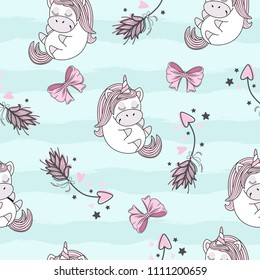 Seamless pattern with unicorns on a beautiful background. Vector illustration.