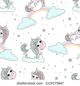 Seamless pattern with unicorns on a beautiful background. Vector illustration.
