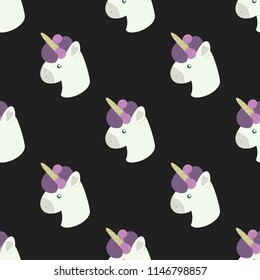 Seamless pattern with unicorns on black background