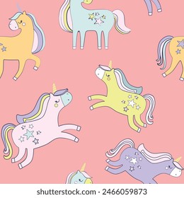 Seamless pattern with unicorns on a colored background. Vector illustration for printing on fabric, packaging paper. Cute children's background