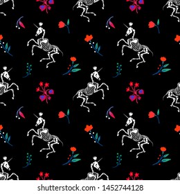 Seamless pattern. Unicorns on the flower field. A unicorn skeleton. Black background. Happy Halloween!