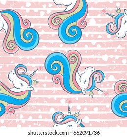Seamless pattern with unicorns on a pink background, heart, doodle, love. Brush elements.