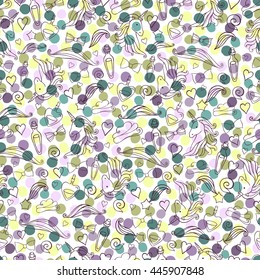 Seamless pattern with unicorns on a polka dot background.