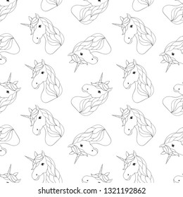 Seamless pattern with unicorns on white background.