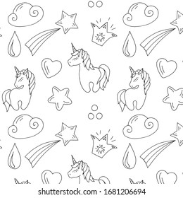 Seamless pattern with unicorns. Outline drawing by hand. Unicorns, clouds, crown, stars, heart. Children's design for postcards, textiles, office.
