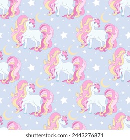 Seamless pattern with unicorns with pink mane. For designing backgrounds, wallpapers, prints, posters, cards, etc. Vector