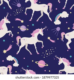 Seamless pattern with unicorns, planets, stars and rainbow. Vector illustration. 