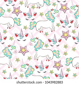 Seamless pattern with unicorns, rainbow, caramel, pink, yellow, blue, turquoise shades on white background with geometric ornaments