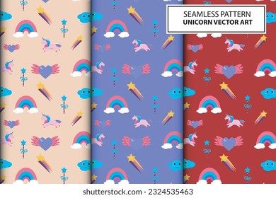 Seamless pattern with unicorns, rainbow donuts, confetti and other elements. Vector background suitable for paper patterns, wall hangings and more. isolated in pastel colors