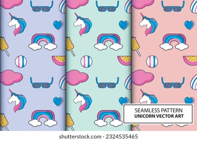 Seamless pattern with unicorns, rainbow donuts, confetti and other elements. Vector background suitable for paper patterns, wall hangings and more. isolated in pastel colors