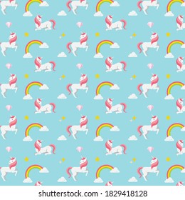 Seamless pattern with unicorns, rainbow, and gems. Cute design for kid's fabric and wrapping paper. Childish background. Vector illustration for children.
